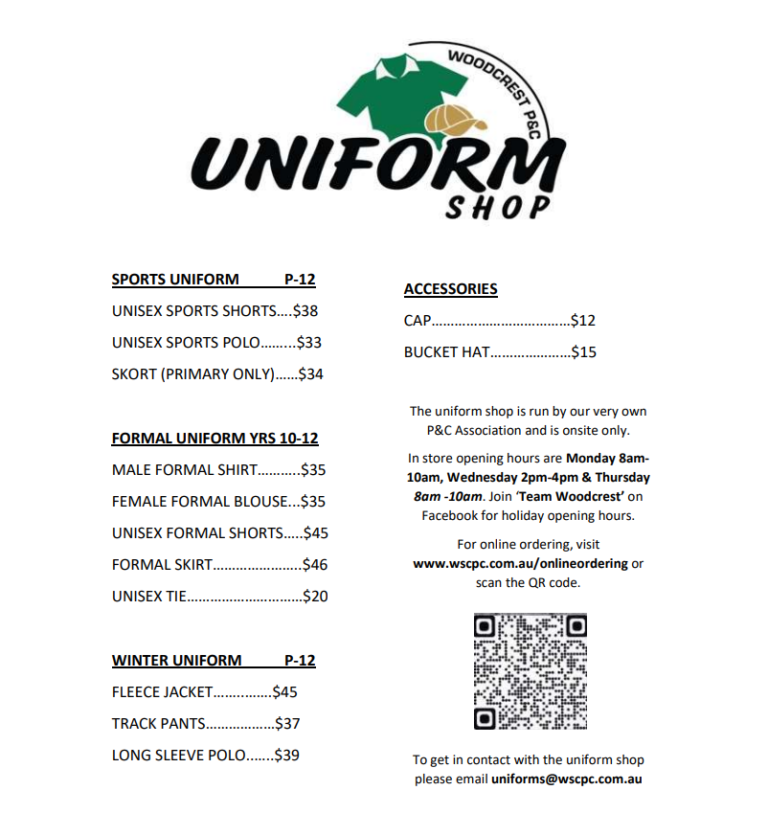 Price list Woodcrest State College P&C Association